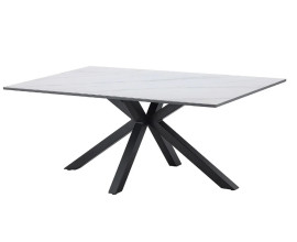 Dizajnov&yacute; industri&aacute;lny konferenčn&yacute; stol&iacute;k Ceramia Blanca s obdĺžnikovou keramickou doskou v bielej farbe s elegantn&yacute;m siv&yacute;m mramorovan&iacute;m s čiernou podstavou z kovu s prekr&iacute;žen&yacute;mi nohami