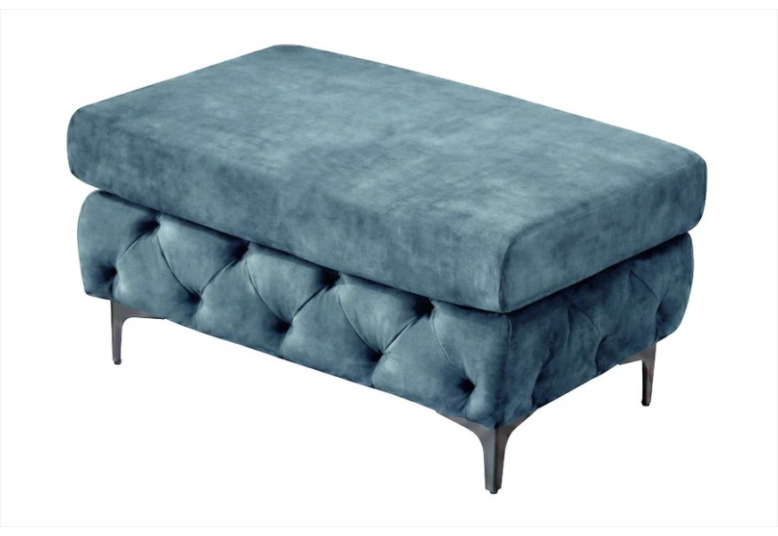 Dizajnová glamour zamatová taburetka Modern Barock v petrolejovej modrej farbe s obdĺžnikovým hladkým sedadlom a chesterfield prešívaním na bokoch so štíhlymi čiernymi nožičkami