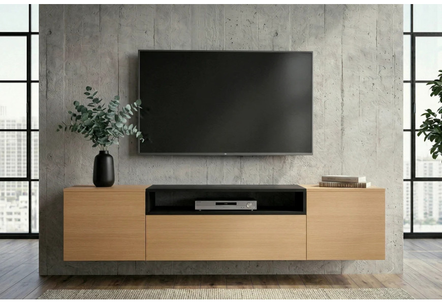 Modern&yacute; obdĺžnikov&yacute; hned&yacute; n&aacute;stenn&yacute; dubov&yacute; TV stol&iacute;k Attica s dvomi dvierkami a z&aacute;suvkou s policou v čiernej farbe 160 cm