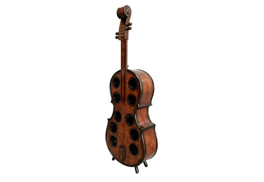 Dizajnová vintage vinotéka Braley z masívneho dreva v tmavej hnedej farbe s čiernymi patinovanými detailmi v tvare stojaceho violončela s desiatimi okruhovými otvormi na uskladnenie vínových fliaš
