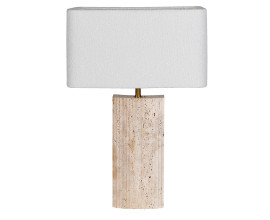 Luxusn&aacute; modern&aacute; stoln&aacute; lampa Olia s b&eacute;žovou nohou s pr&iacute;rodn&eacute;ho travert&iacute;nu s rebrovan&yacute;m reli&eacute;fom a bielym ľanov&yacute;m tienidlom 72 cm