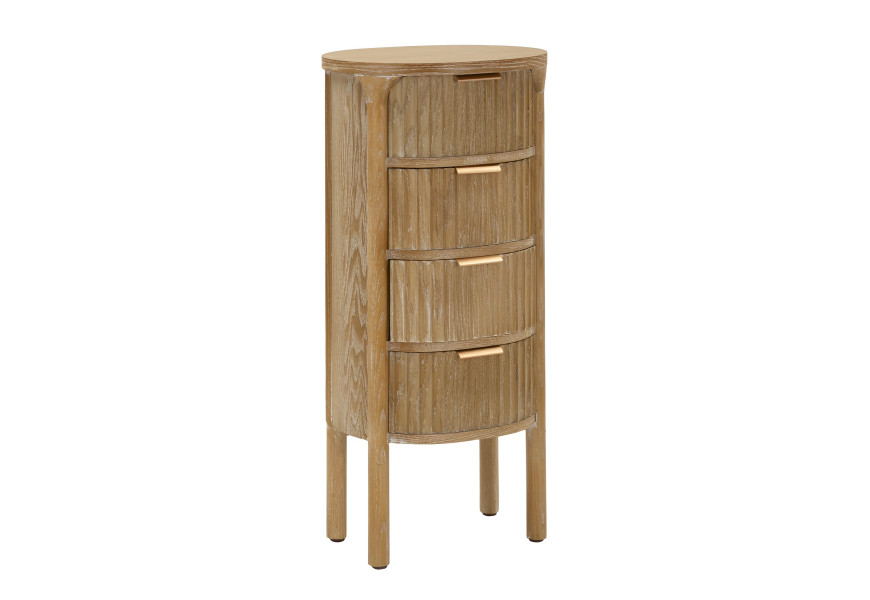 &Scaron;t&yacute;lov&aacute; art deco ov&aacute;lna dreven&aacute; komoda Meer so &scaron;tyrmi z&aacute;suvkami v hnedej farbe s meden&yacute;mi &uacute;chytkami 82 cm