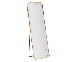 Dizajnov&eacute; glamour stojace zrkadlo Hilly s LED osvetlen&iacute;m a zlat&yacute;m obdĺžnikov&yacute;m r&aacute;mom z kovu 160 cm