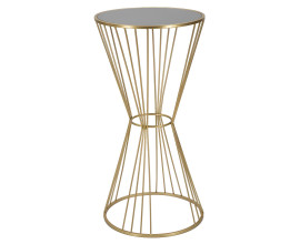 Art deco okr&uacute;hly kovov&yacute; zlat&yacute; pr&iacute;ručn&yacute; stol&iacute;k Samer s nohou v tvare pres&yacute;pac&iacute;ch hod&iacute;n s vrchnou čiernou sklenenou doskou 100 cm