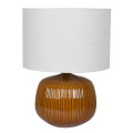 Luxusná moderná keramická stolná lampa Luffy s okrúhlou nohou s vertikálnym drážkovaným zdobením v hnedej farbe s lesklým povrchom z valcovitým ľanovým tienidlom s hladkým tkaním v bielej farbe