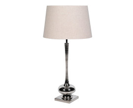 Luxusn&aacute; modern&aacute; klasick&aacute; stoln&aacute; lampa Nicole so &scaron;t&iacute;hlou nohou s balustrovo profilovanou z&aacute;kladňou z kovu v lesklej striebornej farbe s valcovit&yacute;m tienidlom z ľanu s pr&iacute;rodnej svetlej b&eacute;žovej farbe