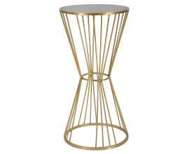 Art deco okr&uacute;hly kovov&yacute; zlat&yacute; pr&iacute;ručn&yacute; stol&iacute;k Samer s nohou v tvare pres&yacute;pac&iacute;ch hod&iacute;n s vrchnou sklenenou čiernou doskou 80 cm