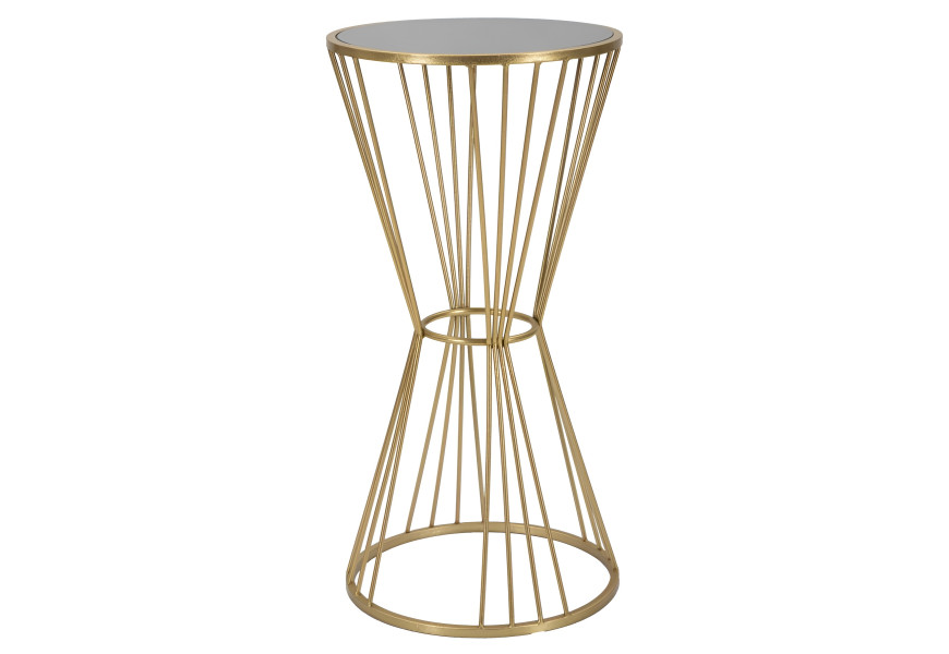 Art deco okr&uacute;hly kovov&yacute; zlat&yacute; pr&iacute;ručn&yacute; stol&iacute;k Samer s nohou v tvare pres&yacute;pac&iacute;ch hod&iacute;n s vrchnou sklenenou čiernou doskou 80 cm