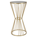 Art deco okr&uacute;hly kovov&yacute; zlat&yacute; pr&iacute;ručn&yacute; stol&iacute;k Samer s nohou v tvare pres&yacute;pac&iacute;ch hod&iacute;n s vrchnou sklenenou čiernou doskou 80 cm