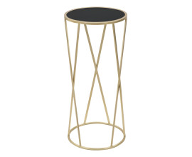Art deco zlat&yacute; kovov&yacute; okr&uacute;hly pr&iacute;ručn&yacute; stol&iacute;k Lery s nohou s tyčami do X s vrchnou sklenenou čiernou doskou 75 cm