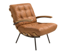 Luxusn&eacute; retro kožen&eacute; kreslo Vita Naturale v koňakovej farbe so svetlohned&yacute;mi dreven&yacute;mi detailami a čiernou kon&scaron;truciou 91 cm