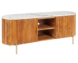 Art deco hned&yacute; ov&aacute;lny TV stol&iacute;k Celestia z mangov&eacute;ho dreva s bielou mramorovou doskou so zlat&yacute;mi &uacute;chytkami 140 cm