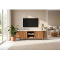Akcia - 60 % Art deco hned&yacute; ov&aacute;lny TV stol&iacute;k Celestia z mangov&eacute;ho dreva s bielou mramorovou doskou so zlat&yacute;mi &uacute;chytkami 140 cm