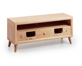 Štýlový luxusný TV stolík s odkladacím priestorom a zásuvkami je vyrobený z exotického dreva Mindi, ktoré je veľmi cenené pre sv