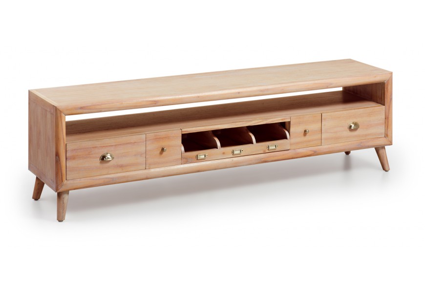 Luxusný TV stolík s piatimi zásuvkami Bromo je vyrobený z exotického dreva Mindi, ktoré je veľmi cenené pre svoje vlastnosti