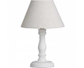 Provensálska biela nočná lampa CYRENE s drevenou vyrezávanou podstavou a ľanovým tienidlom 30cm