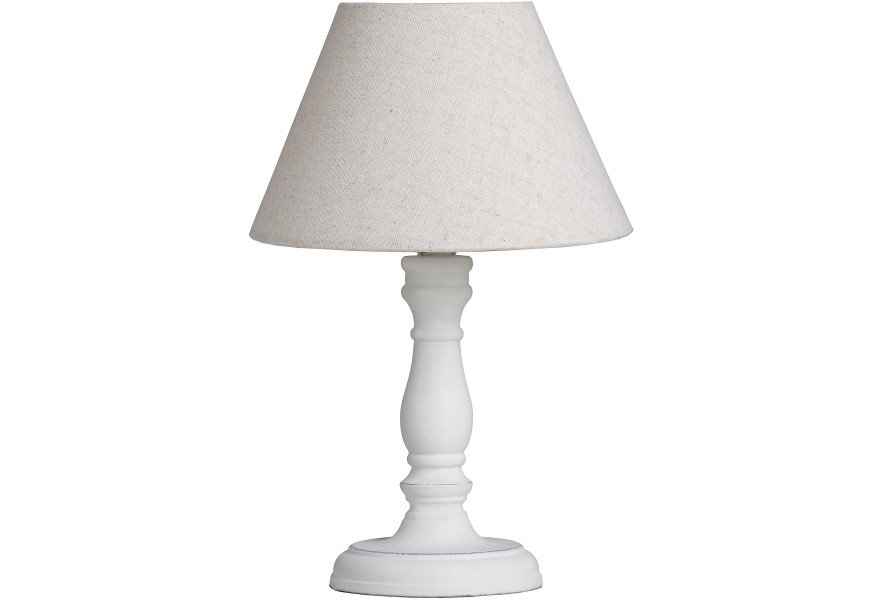 Elegantná rustikálna nočná lampa Cyrene s drevenou bielou podstavou a svetlým ľanovým tienidlom