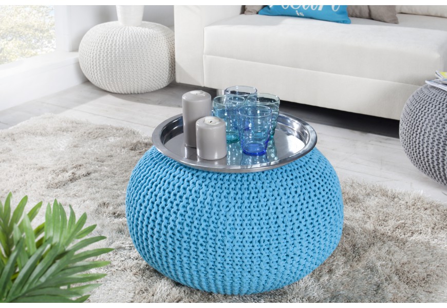 Moderná okrúhla čalúnená modrá taburetka Stool s pletenou podstavou 45 cm