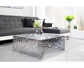 Dizajnový art deco strieborný štvorcový kovový konferenčný stolík Ideal s geometrickými vyrezávanými vzormi 60 cm