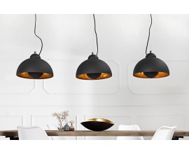 Industriálna čierna závesná lampa Raval s tromi okrúhlymi tienidlami s obdĺžnikovou krytinou so zlatými detailmi 140 cm
