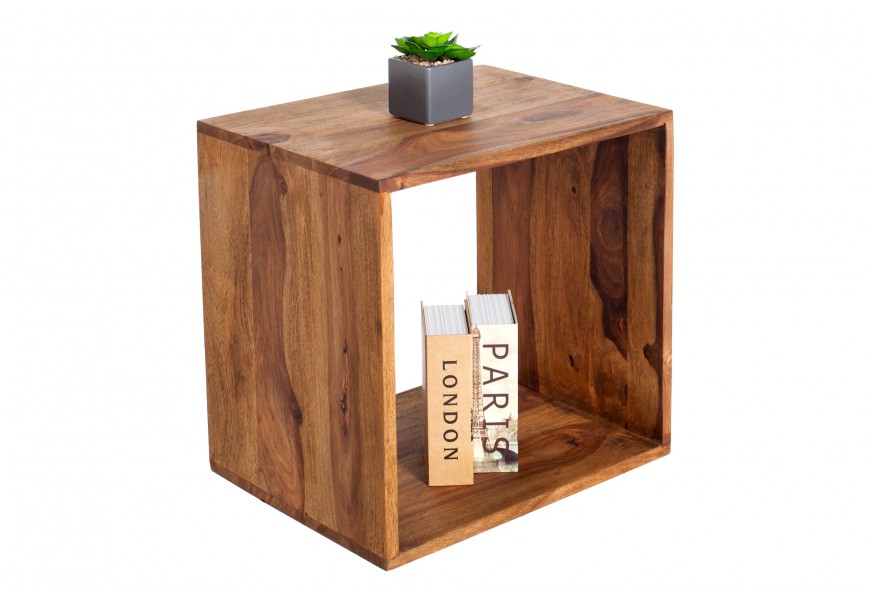Dizajnový masívny príručný stolík Makassar s tvare štvorca zo sheeshamového dreva v naturálnej hnedej farbe 45 cm