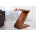 Dizajnový masívny etno atypický príručný stolík Zet v tvare písmena Z v hnedej farbe 45 cm