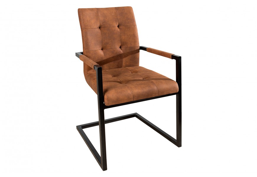 Industriálna konzolová stolička Giant s čiernym kovovým rámom a hnedým štvorcovou sedacou časťou s prešívaním a opierkami z eko kože