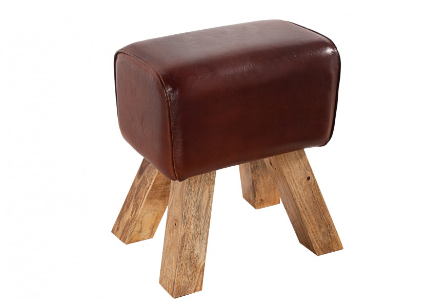 Vidiecka kožená taburetka Bock s čalúnením z červeno hnedej pravej kože s vyosenými nožičkami z prírodného dreva s letokruhmi