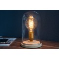Dizajnová retro stolná lampa Edison s hnedou drevenou podstavou a priehľadným skleneným tienidlom 22 cm