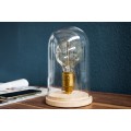 Dizajnová retro stolná lampa Edison s hnedou drevenou podstavou a priehľadným skleneným tienidlom 22 cm