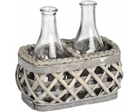 Dizajnový šedý košík z vŕby s dvomi fľašami