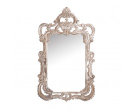 Luxusné provensálske zrkadlo Puritté obdĺžnikového tvaru s dekoratívnym rámom s honosnou klasickou florálnou výzdobou v bielej farbe s vintage béžovou patinou