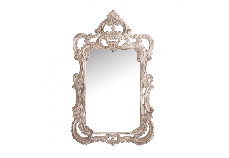 Luxusné provensálske zrkadlo Puritté obdĺžnikového tvaru s dekoratívnym rámom s honosnou klasickou florálnou výzdobou v bielej farbe s vintage béžovou patinou