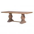 Luxusný masívny vidiecky jedálenský stôl Carence z recyklovaného dreva so starožitnou povrchovou úpravou s obdĺžnikovou vrchnou doskou s geometrickým vzorom pripomínajúcim parkety a dvomi mohutnými vyrezávanými nohami