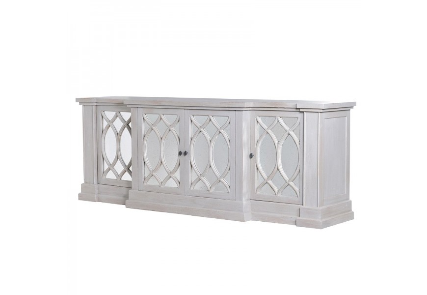 Luxusn&yacute; vintage &scaron;tvordverov&yacute; pr&iacute;born&iacute;k Dorothy so zdoben&yacute;mi zrkadlov&yacute;mi dvierkami v sivej farbe 221 cm