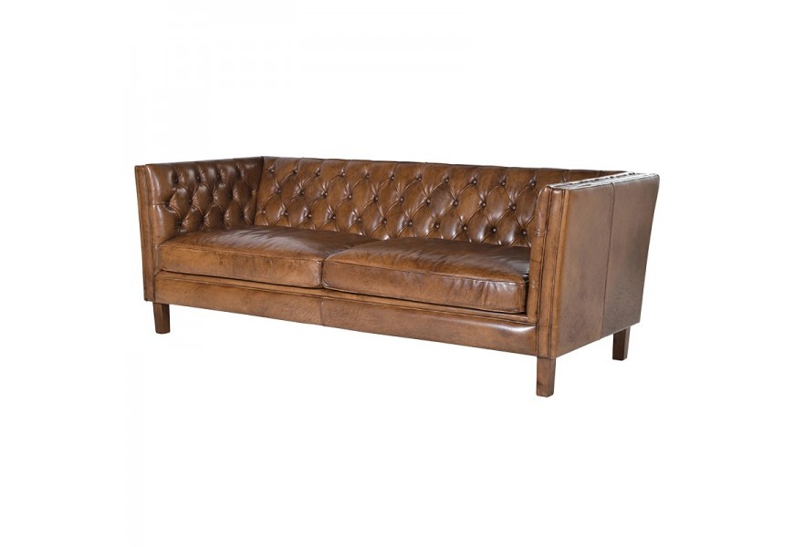 Štýlová sedačka Broom III s Chesterfield prešívaním v hnedej koži s masívnymi nohami
