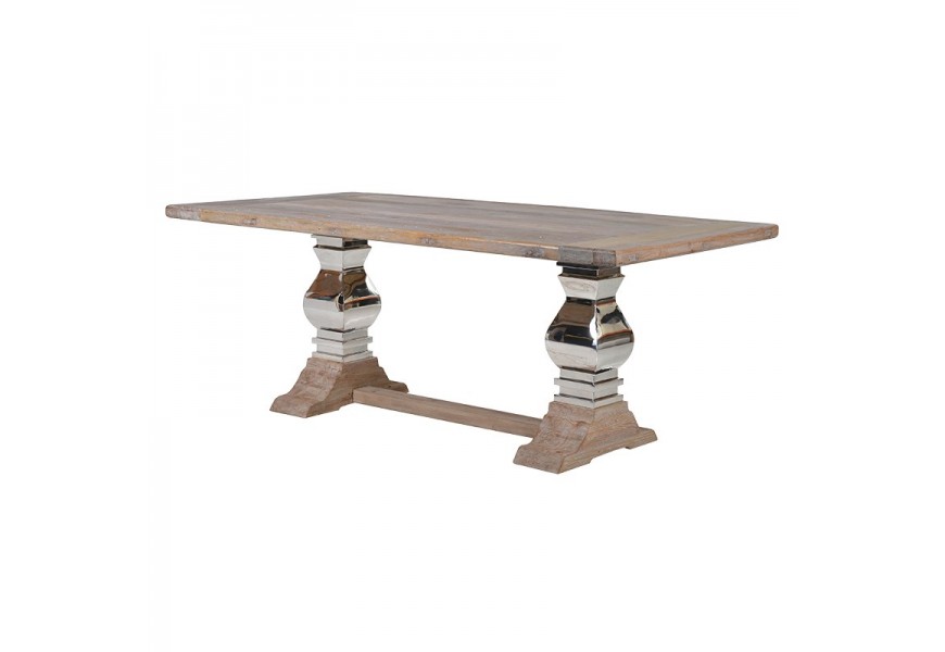 Jedinečný obdĺžnikový masívny hnedý jedálenský stôl Braddock s nohami zdobenými chrómom v induustriálnom štýle