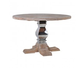Luxusný hnedý okrúhly jedálenský stôl Braddock s jednou stredovou nohou s chrómovým zdobením vo vidieckom štýle 135cm