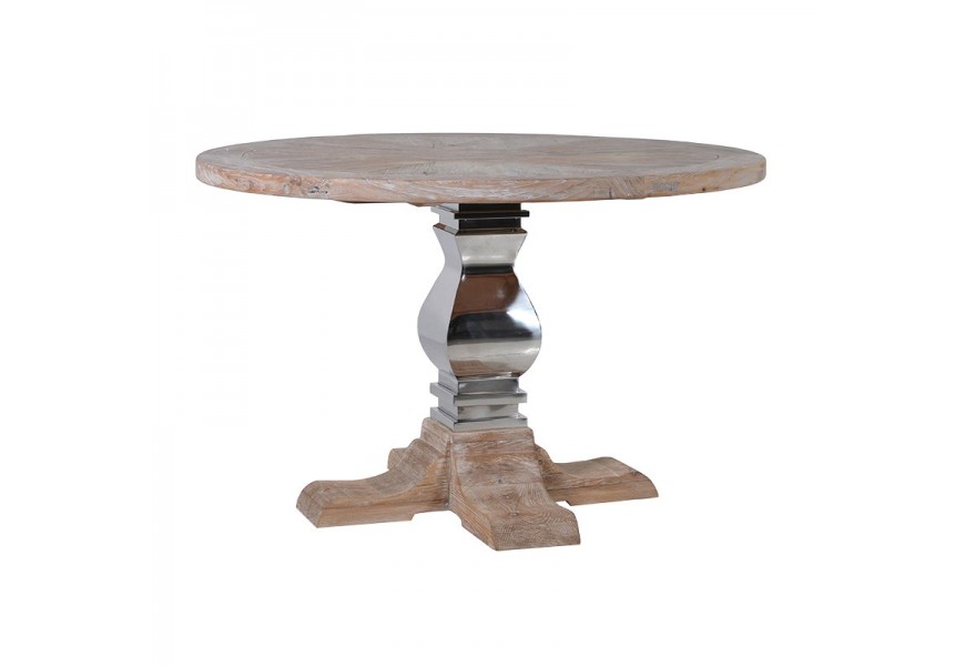 Luxusný okrúhly chrómom zdobený hnedý jedálenský stôl Braddock pre šiestich ľudí vo vidieckom prevedení