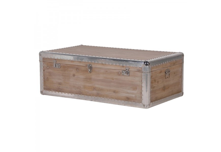 Nadčasový drevený obdĺžnikový hnedý mohutný konferenčný stolík s úložným priestorom v industriálnom štýle so zdobením strieborne