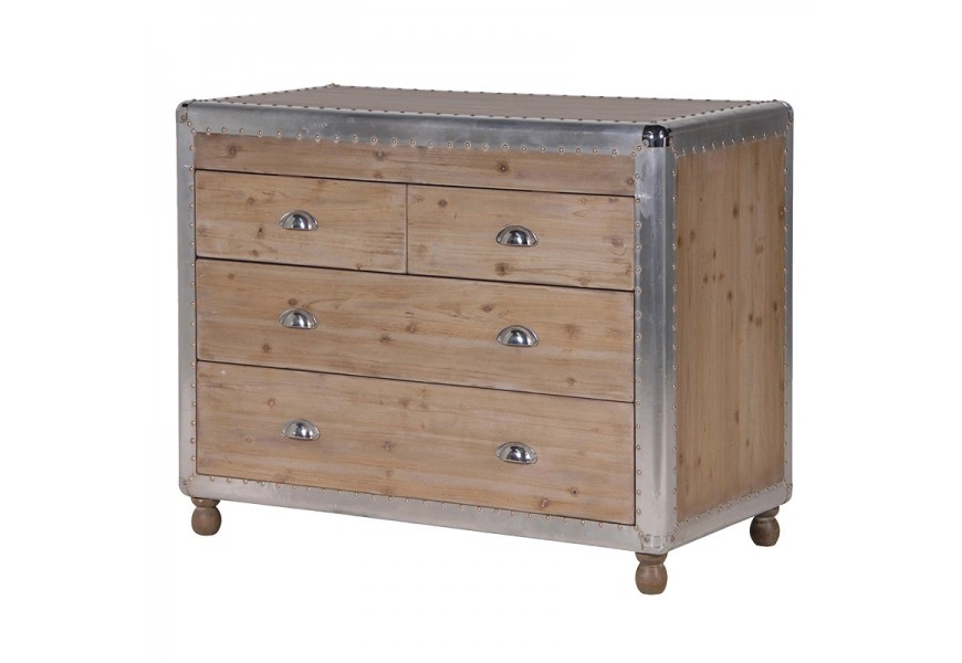 Luxusná drevená hnedá komoda Amberley so zásuvkami s rukoväťami a zdobením striebornej farby na nožičkách v industriálnom preved