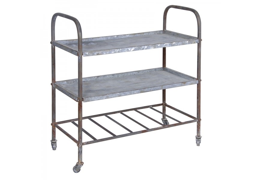 Industri&aacute;lny vintage serv&iacute;rovac&iacute; voz&iacute;k Karl na kolieskach z kovu v sivej farbe s efektom z&aacute;mern&eacute;ho zostarnutia 88 cm