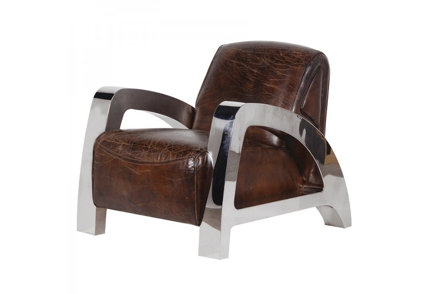 Dizajnov&eacute; kožen&eacute; retro kreslo Torres v hnedej farbe s chr&oacute;mov&yacute;mi nohami