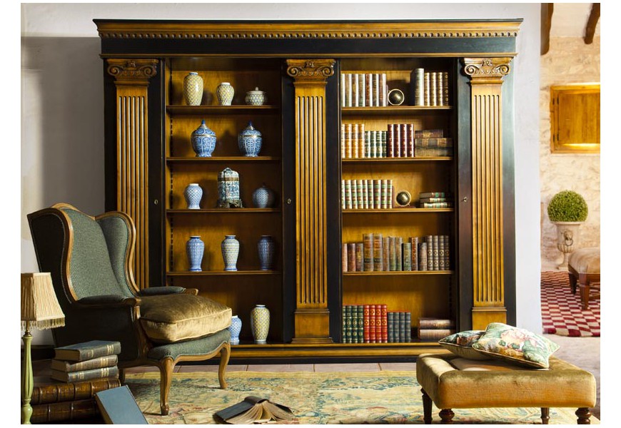 Luxusná antická knižnica vo vintage čiernom prevedení s antickými stĺpmi v zlatej farbe