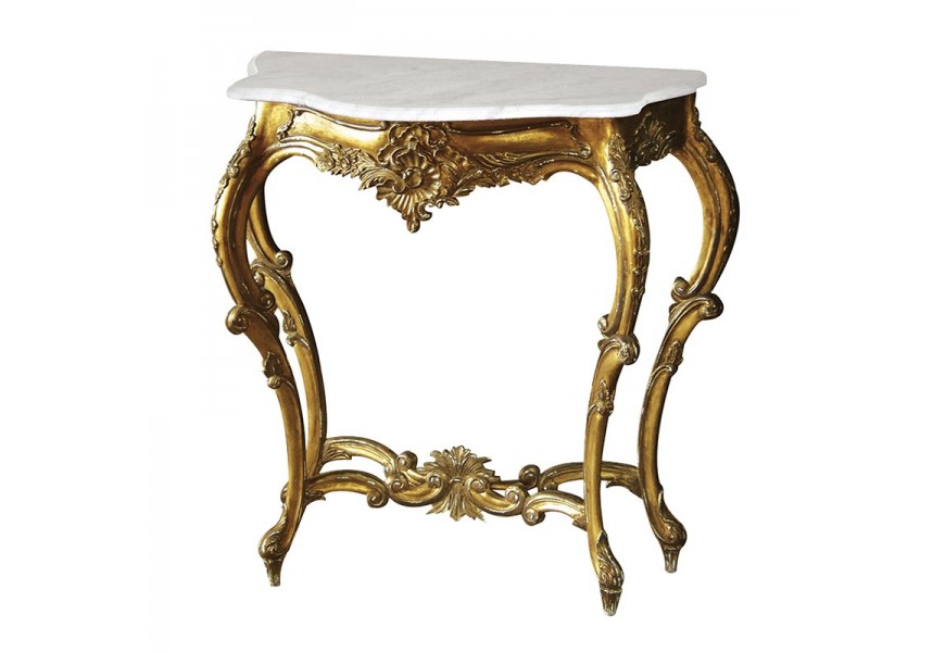 Luxusný barokový konzolový stolík Roi Gilt v zlatom mahagónovom vyrezávanom vyhotovení s mramorovou bielou vrchnou doskou