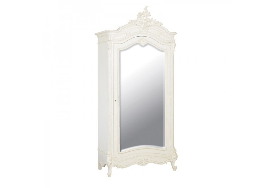 Luxusná biela baroková jednodverová skriňa Antic Blanc so zrkadlom a výrazným vyrezávaným dekoratívnym ornamentom a nožičkami