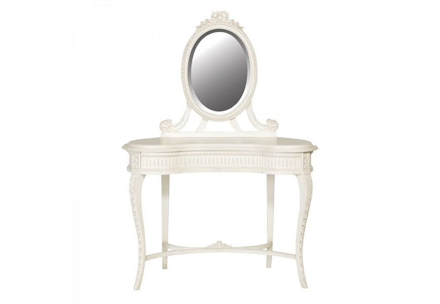 Štýlový provensálsky toaletný stolík Antic Blanc v patinovanej bielej farbe s oválnym zrkadlom a zdobenými nožičkami 145 cm