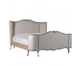 Luxusná provensálska king size manželská posteľ Kingly z masívneho mahagónu a ľanovým čalúnením v béžovej farbe 223cm