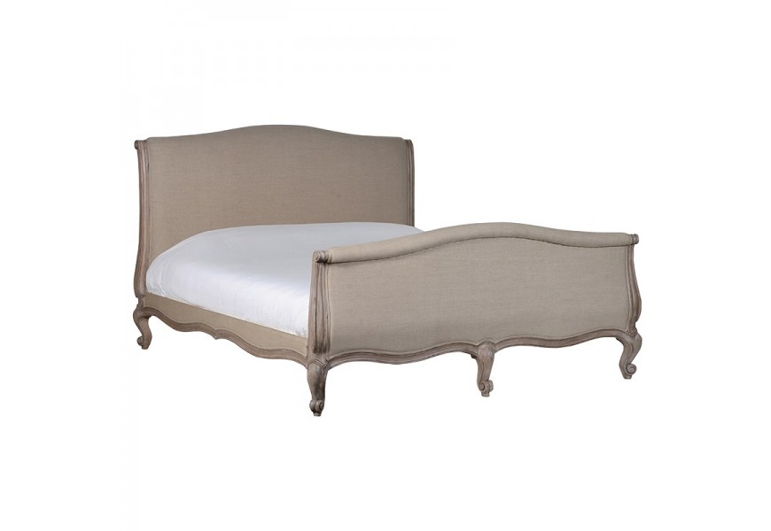 Luxusná zámocká vintage čalúnená béžová masívna manželská posteľ Nature s ľanovým poťahom a vyrezávanými nožičkami 180 cm
