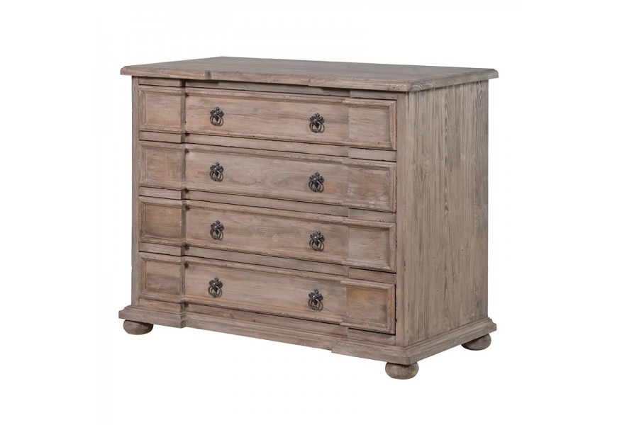 Vintage luxusná hnedá obdĺžniková masívna komoda Nature so štyrmi zásuvkami a čiernymi kovovými úchytkami 107 cm